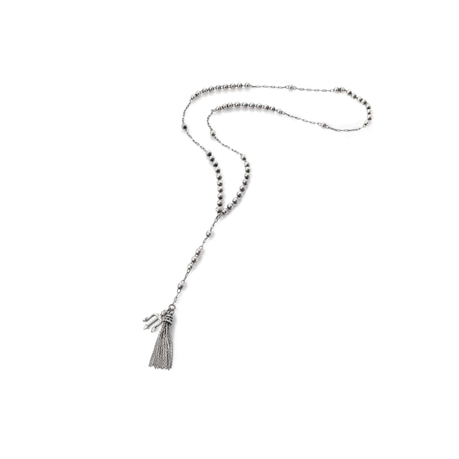 TN002+T : Trident Silver Ball Chain Necklace with Tassel